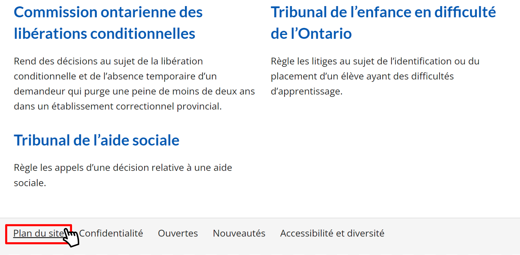 Le pied de page du site Web de Tribunaux décisionnels Ontario avec le curseur survolant un lien vers le plan du site.